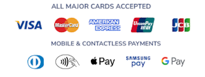 Visa, Mastercard, American Express, UnionPay, JCB, Apple Pay, Samsung Pay and Google Pay accepted