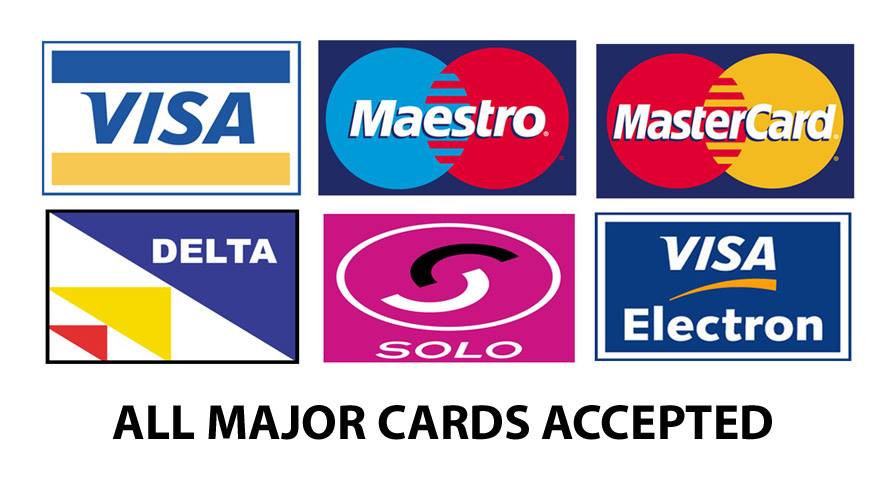 Visa, Maestro, Mastercard, Delta, Solo and Visa Electron accepted